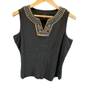 White Stag Black Sleeveless Beaded Neckline Top Sz XL